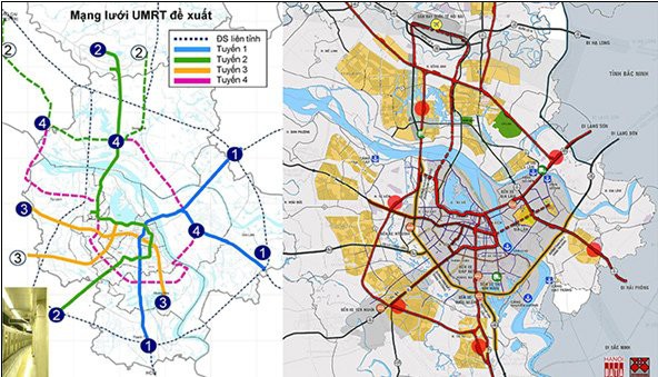 Sơ đồ mạng lưới UMRT trong tài liệu HAIDEP công bố 2006: các tuyến đường sắt số 1,2,3 thực hiện cho đến năm 2018 cơ bản theo sơ đồ này; Tích hợp ĐSĐT với ĐSQG Citysolution đề xuất 2018 - Nguồn: Hanoidata